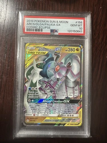 2019 POKEMON SUN & MOON COSMIC ECLIPSE #156 ARCEUS & DIALGA & PALKIA GX PSA 10