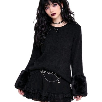 Magaschoni Faux Fur Cuff Sweater Womens XS Black Knit Whimsigoth Dark Academia