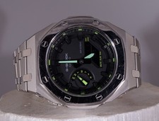 Casio GA-2100 G-Shock Watch Silver Metal Case Bracelet Mod Dark Gray Dial