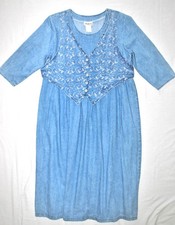 ALEXCANDRA LEE BLUE COTTON DENIM3/4 SLEEVE LONG DRESS & VEST size 14-16