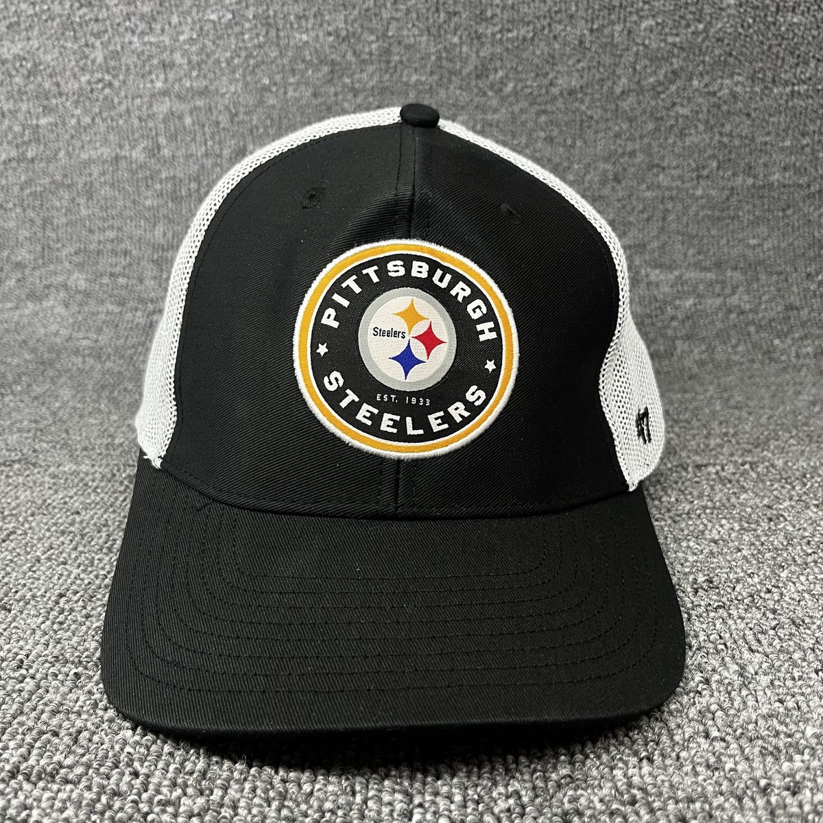 Pittsburgh Steelers '47 Brand Trucker Hat Black White Mesh Red Underbrim Fitted