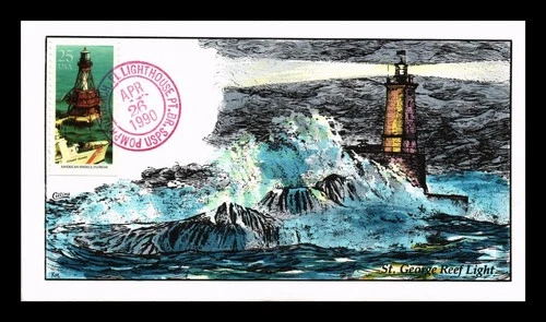 DR JIM STAMPS US COVER AMERICAN SHOALS LIGHTHOUSE FDC COLLINS HAND PAINTED