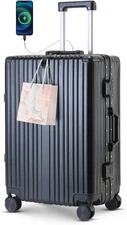 22" Aluminum Framed Suitcase Carry-On Luggage w/ TSA, USB Port, Cup&Phone Holder