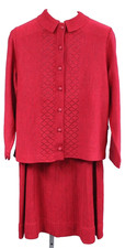 VTG Unworn 1970s Pink Red Rayon Knit Sweater Suit w/ Openwork Top A-Line Skirt
