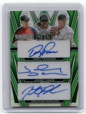 2024 Leaf Metal #TA-7 Francona / Damon / Papelbon Autograph Prismatic Green #/8