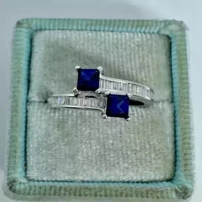 Princess Cut Lab Created Blue Sapphire Bypass Wedding Ring 14k White Gold Plated
