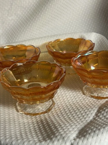 FOUR Imperial Marigold Carnival Glass Footed Dessert Dishes w/ Scalloped Top Rim