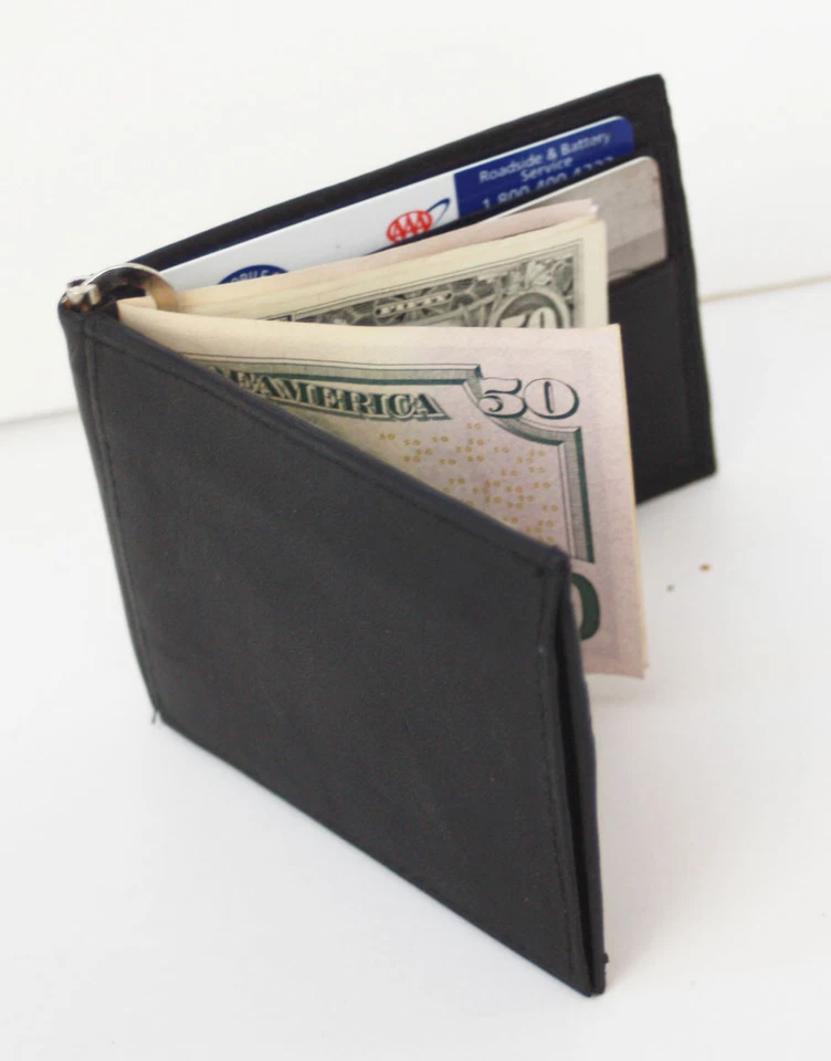 Black Genuine Leather Bifold Spring loaded Money Clip Mens Wallet Front Pocket - Image 2 of 4