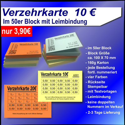 Verzehrkarten Wertkarten 10 EUR im 50er Block mit Leimbindung