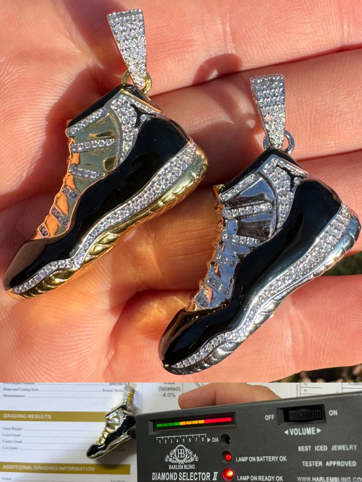 Pendentif baskets Nike Air Jordan 45 noir MOISSANITE véritable argent 925 glacé hip hop