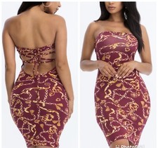 New Burgundy Chain Print Criss Cross Back Dress