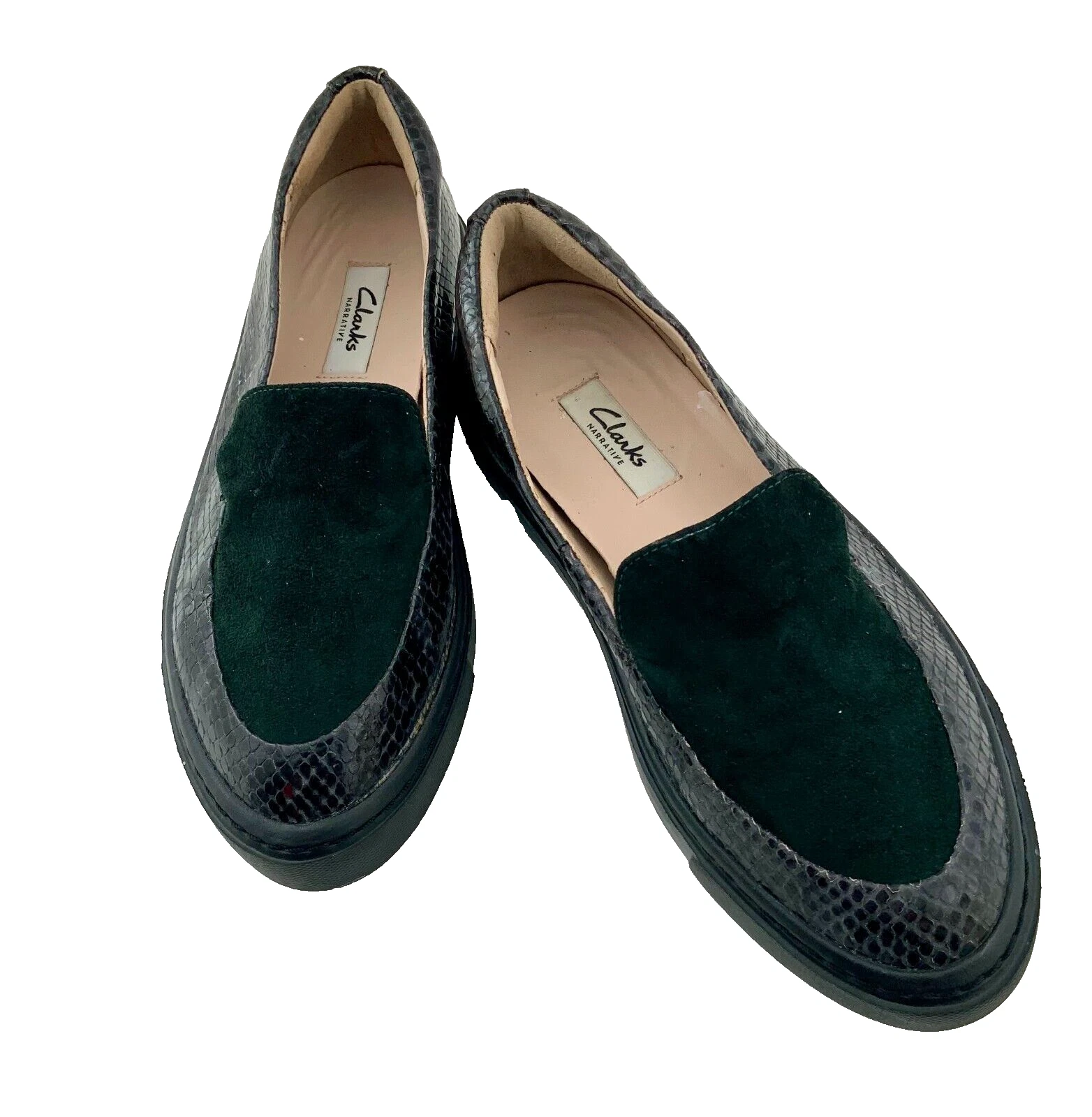 Scarpe mocassino piatto Clarks Narrative nere in pelle di serpente camoscio stampa taglia UK 5D