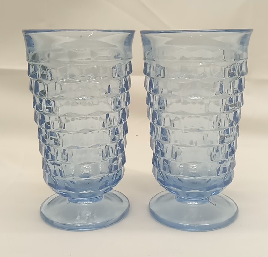 VTG Indiana Whitehall Light Blue Cubist Tumblers Footed Drink Glasses