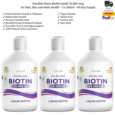 Swedish Nutra Biotin Liquid Flüssigkeit für Haar, Haut & Nägel Gesundheit x3