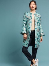 Anthropologie Seen Worn Kept Ornate Jacquard Coat In Blue Floral Motif Size 12