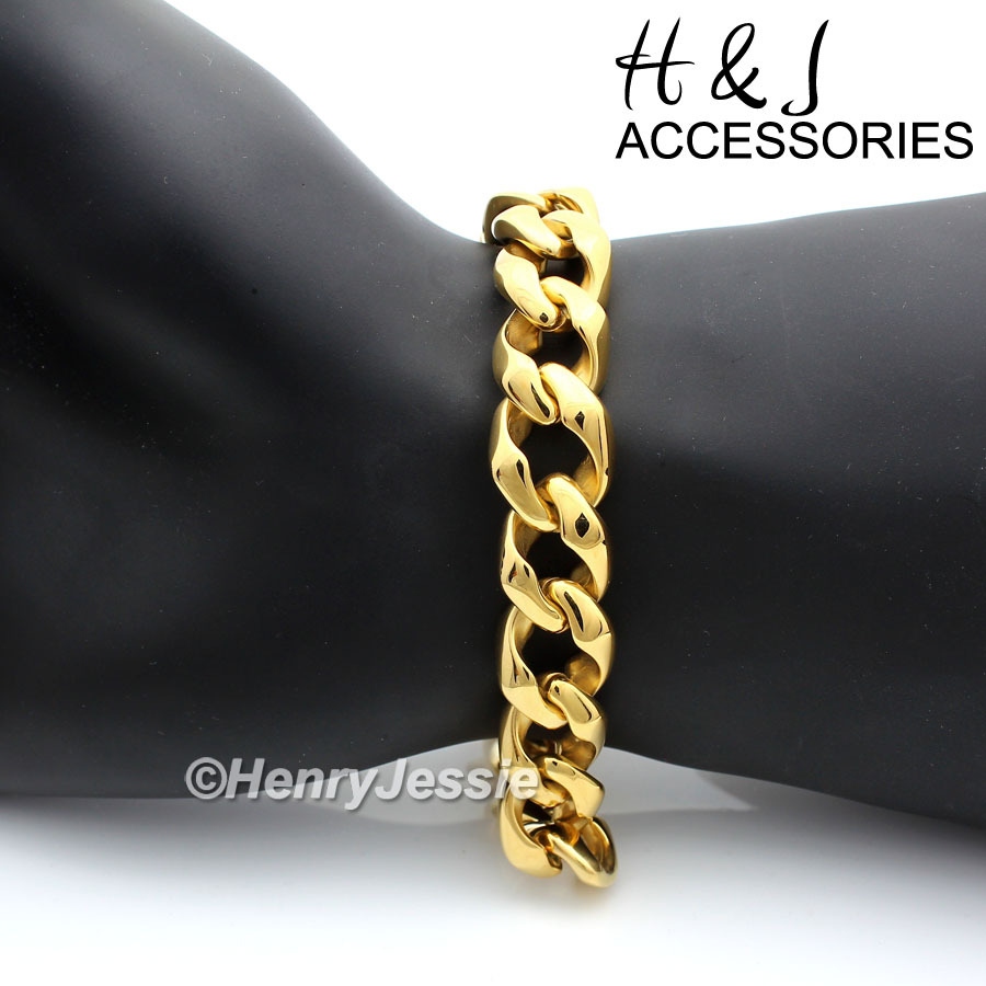 24MENStainless Steel HEAVY 12mm Gold Plated Puffed Mariner Chain Necklace*GN147