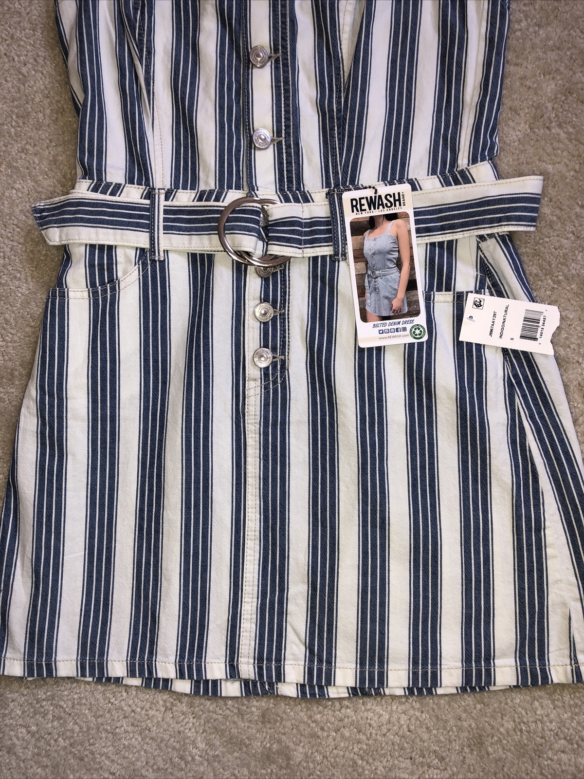 REWASH Denim Dress Jumper Overall Style Button Down Striped Belted Size S NWT