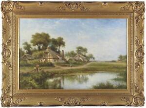 benjamin pond leader signed cottage figures river antique oil country painting