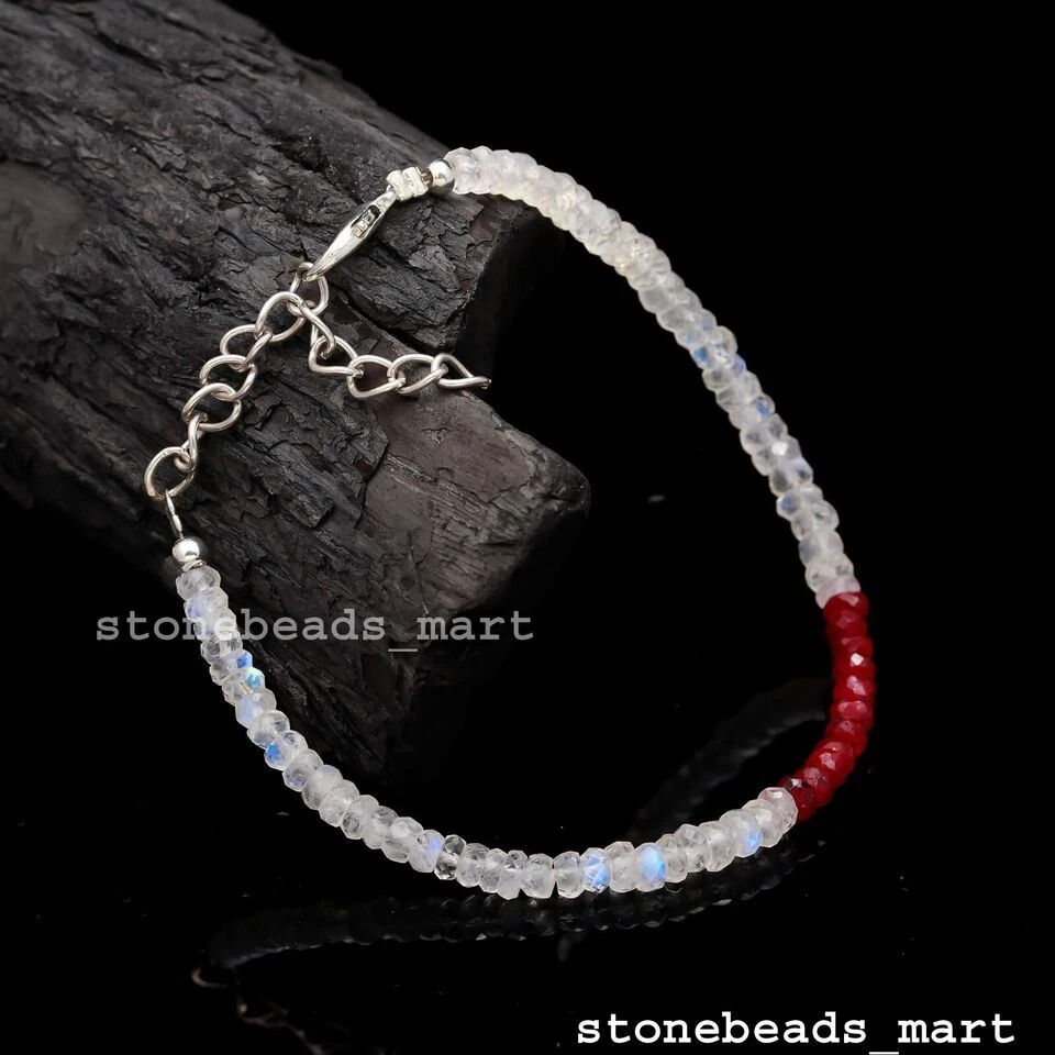 925 Sterling Silver Rainbow Moonstone+Corundum Ruby Jewelery Beads Bracelet 7" - Image 3 of 4