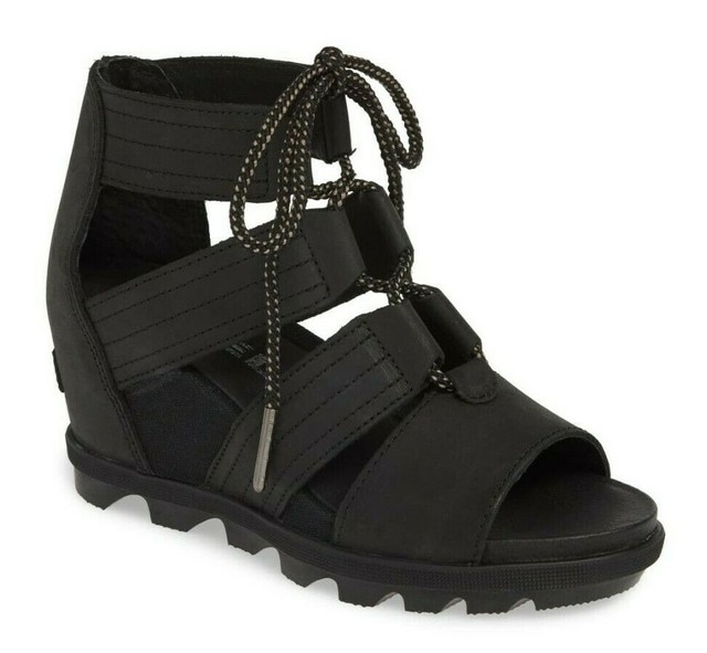 Sorel Joanie II Lace Women's Leather Open Toe Wedge Heel Sandals Black