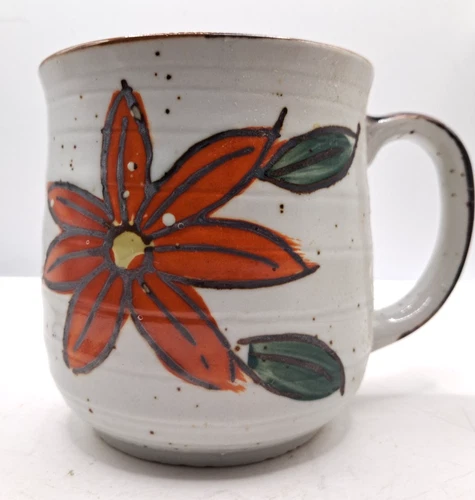 Vintage Otagiri Style Stoneware Coffee Mug Tea Cup Speckled  Orange Flower Japan