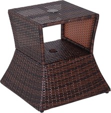 Outdoor Rattan Wicker Coffee Table with Umbrella Hole Weatherproof Patio Table