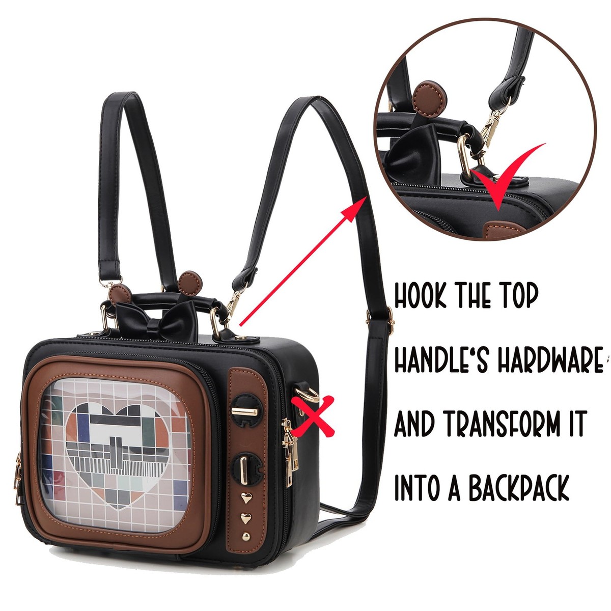 8527 Retro TV Shaped Ita Bag Pin Display Backpack Cute Pin Bag with 3 Retro TV Shaped Ita Bag Backpack Small Pin Display Purse  main image 2