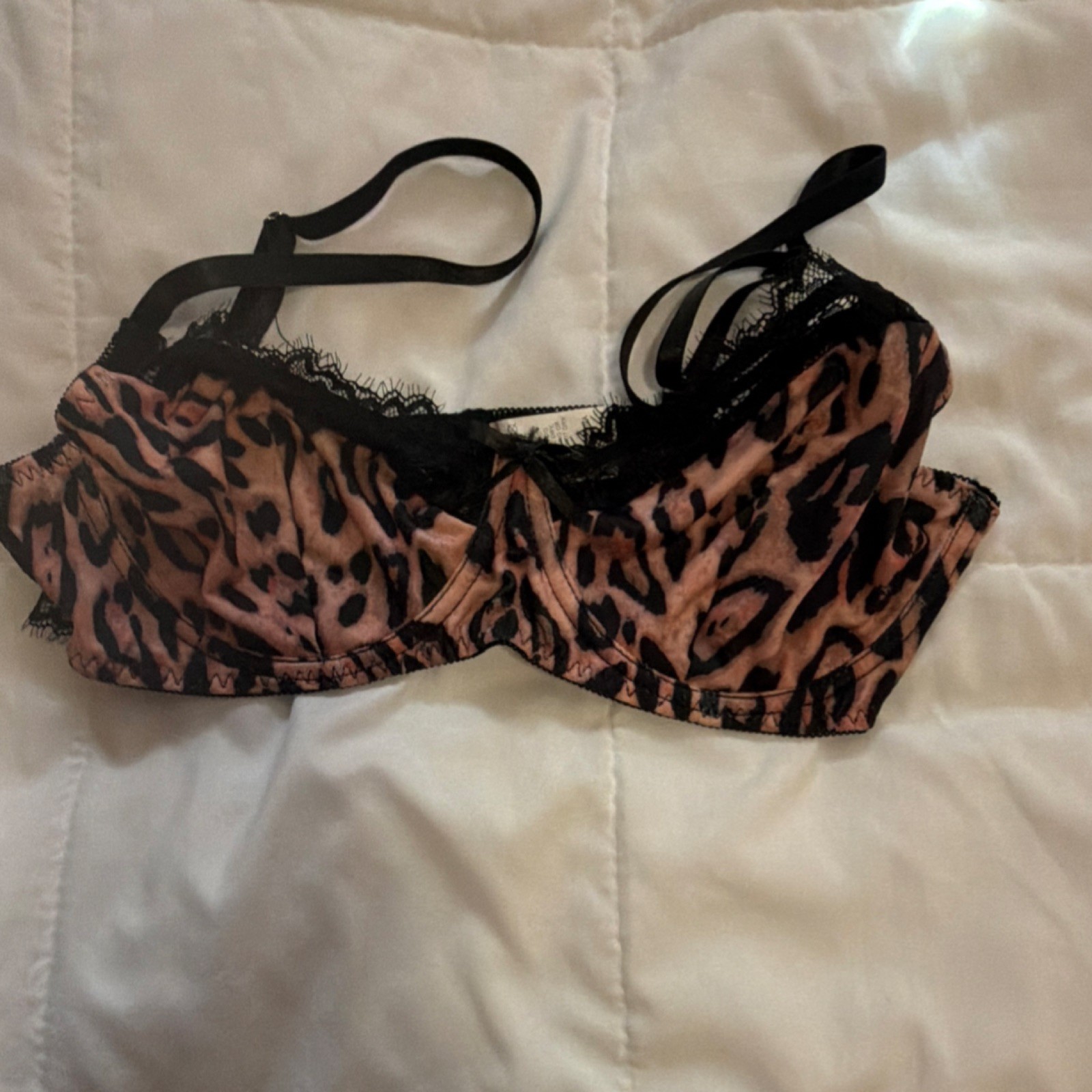 Leopard Print Lace Balconette Bra Brown Black M Adjustable Strap Back Closure