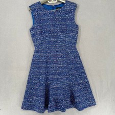 J Crew Dress Womens 4 Blue Red Tweed Sleeveless Fit Flare Frill Mini hort