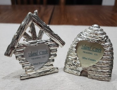 2 Mini Photo Frames Brass Metal Silver Tone Bird House, Bee Hive Desktop 3''