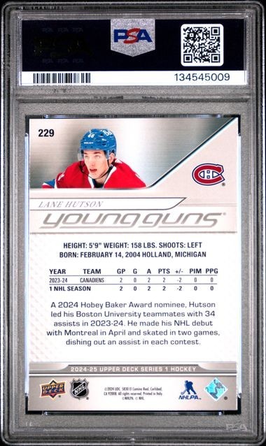 2024-25 Upper Deck Young Guns Lane Hutson PSA 9 #229 Montreal Canadiens view 2