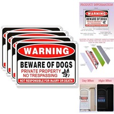 4 Pk Beware of Dog Sign 10x7 Reflective Aluminum Metal Private Property Warning