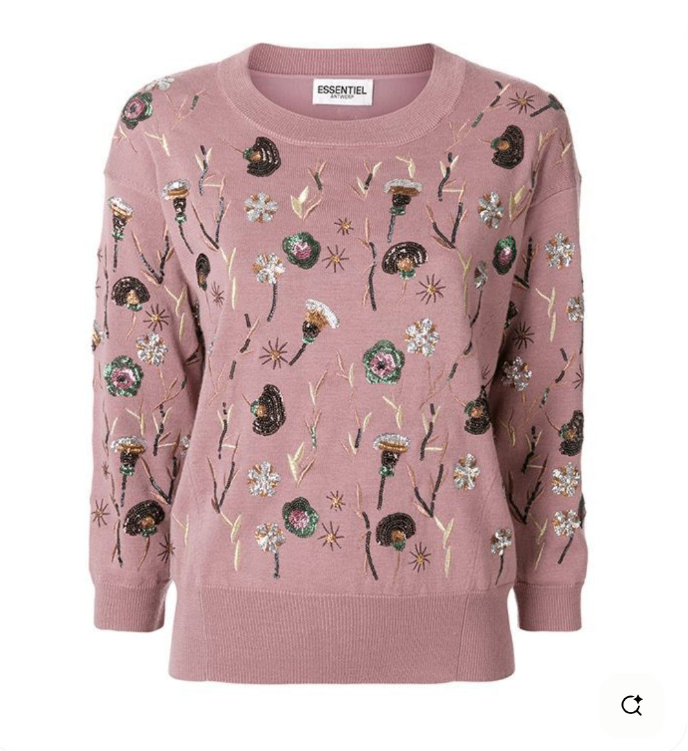 Essentiel Antwerp Sequin Floral Patch Sweater Merino Wool Embroided Blush BNWT