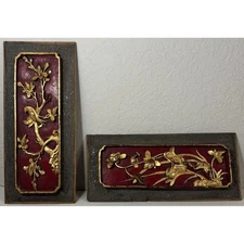Vintage Pair Tall Chinese Wood Carving Panel Wall Decor Floral Birds Red Gold