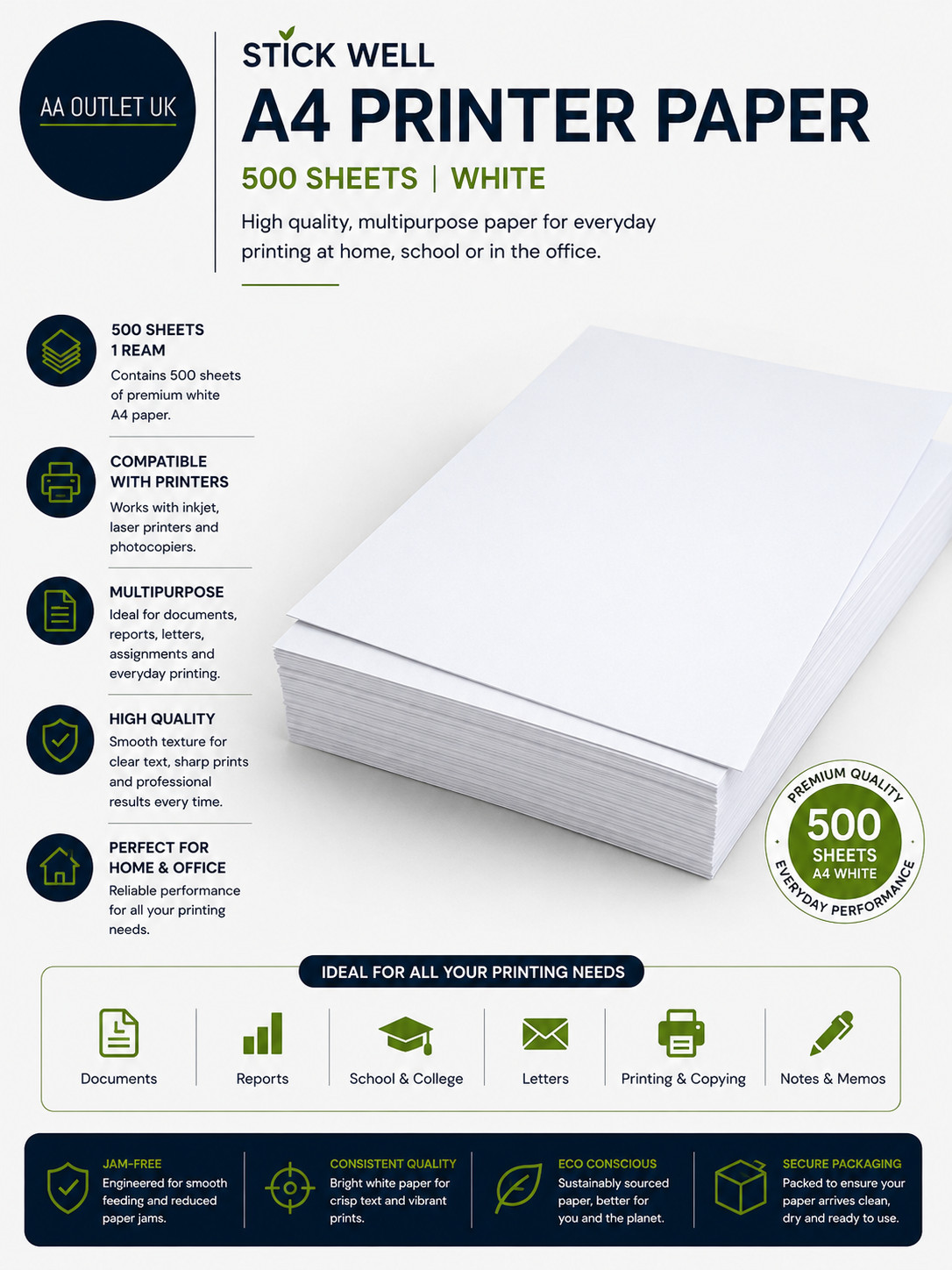 Stick Well A4 Printer Paper 500 Sheets White A4 Paper Inkjet Laser Printers