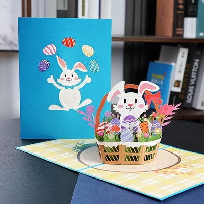 Pop-Up 3D Frohe Osterhase im Korb Grußkarte mit Umschlag