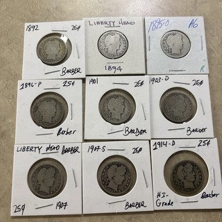 9 Coin Lot Silver Barber Quarters 1892 1914 90% Silver Liberty Head