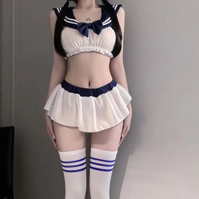 Sexy Sailor Uniform Lingerie Set Women Cosplay Costume Crop Top Mini Skirt Bow