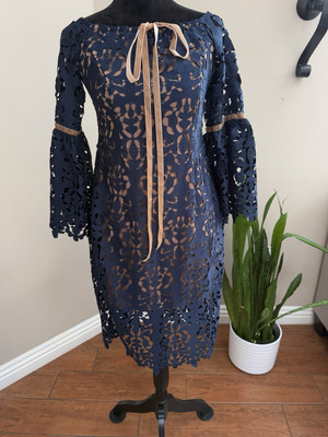 Alexia Admor Lace 3/4 Bell Sleeve Women s Midi Dress Size 6 Blue