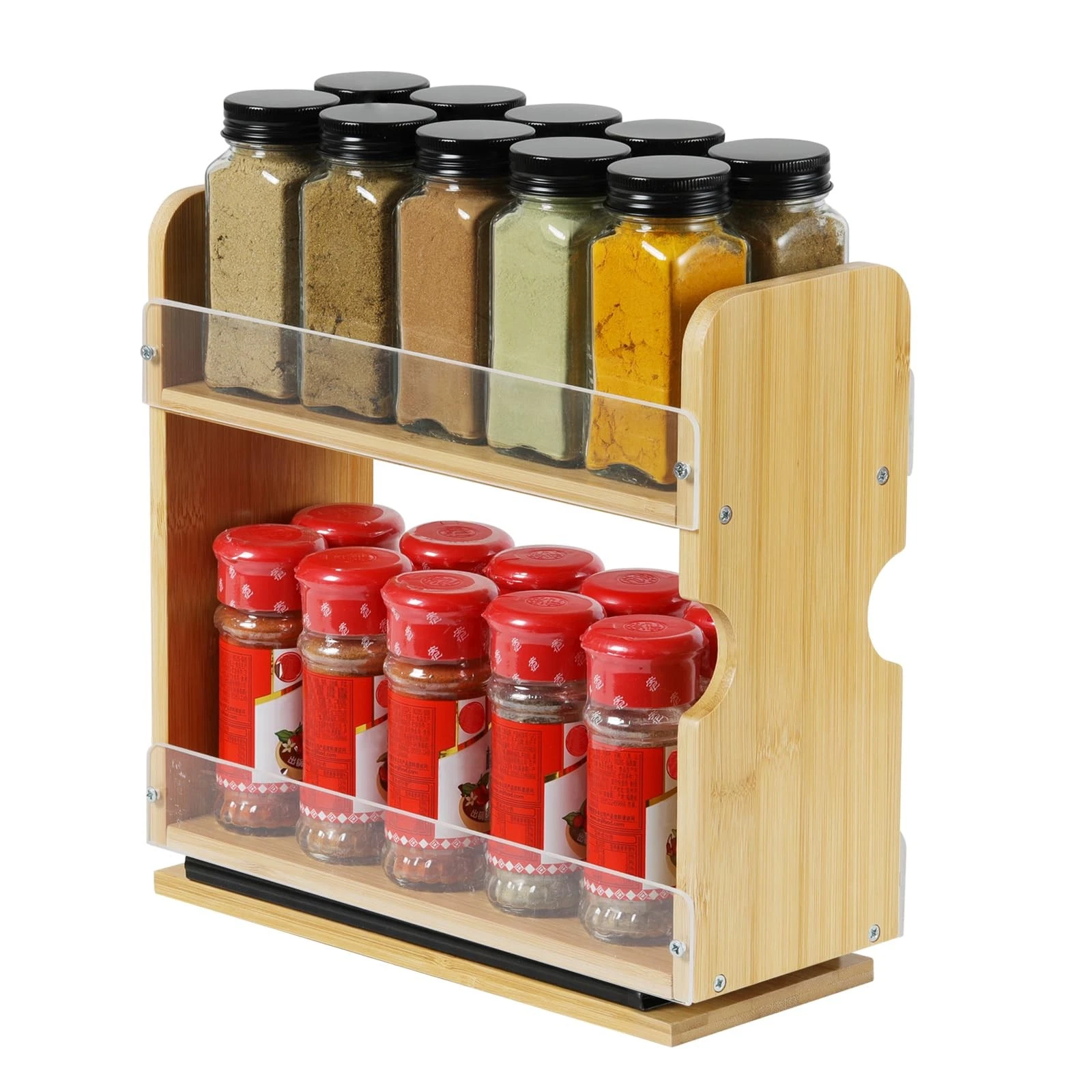 2 Tier Pull Out Spice Rack Organizer, Bamboo Sliding Spice Rack for Kitchen C...