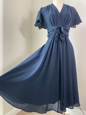 Gal Meets Glam Womens 2 Jane Navy Tie Waist Midi Dress Short Sleeve V Neck  | eBay