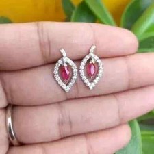 14K Yellow Gold Plated 2Ct Marquise Cut Lab Created Pink Ruby Stud Halo Earrings