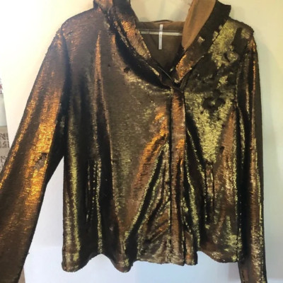 Free People Terracotta Bronze Sequin Moto Bomber Jacket M