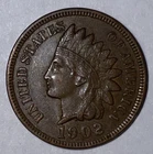 1902 Indian Head Penny Cent US Coin, attractive feathers