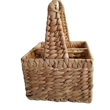 Water Hyacinth Wicker  4 Compartment Utensil Flatware Caddy Storage w/Handle