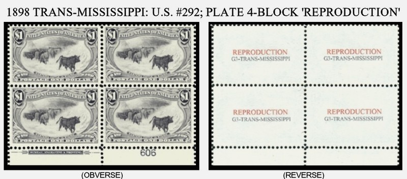 U.S. #292 1898 TRANS-MISSISSIPPI PLATE 4-BLOCK REPRODUCTION