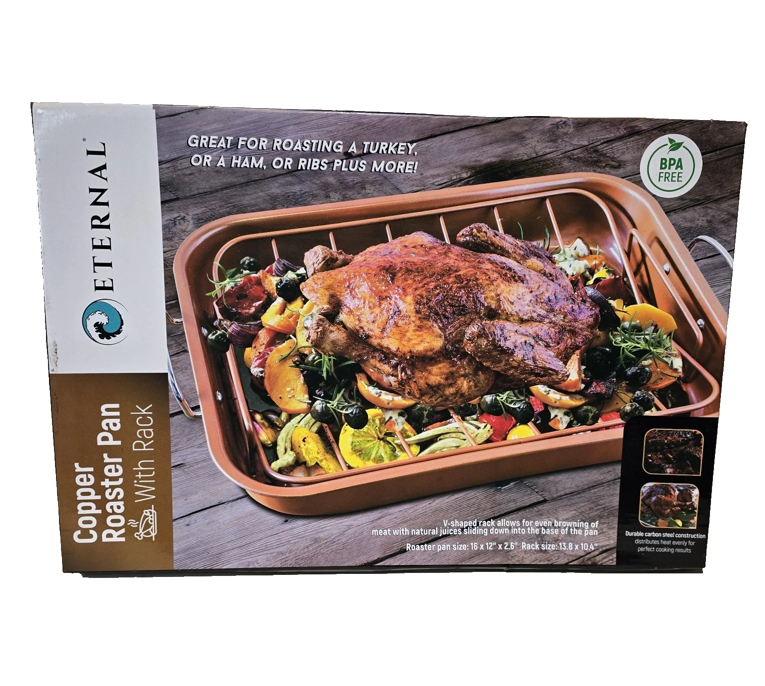 Eternal Copper Roaster Pan W Rack Cookware 16" X 12 X 2.6" New Box Worn