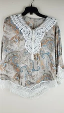 Women's Shawl Poncho Layering Paisley Tan Shirt Accent Blue Brown Over Shoulder 