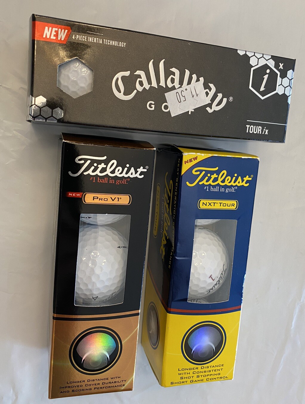Titleist ProV1, Titleist NXT Tour, Callaway Tour ix Golf Balls, 3 Balls