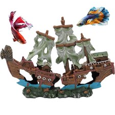 UNEAK Small Pirate Shipwreck Aquarium Decoration Ornament w/Sail - 2 Pcs